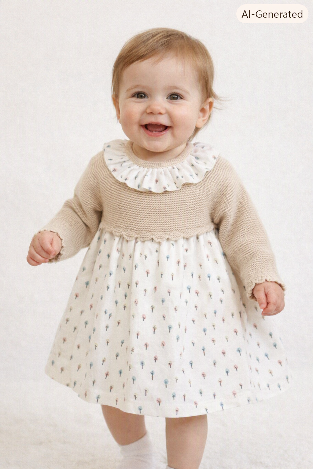 Vestido beige con estampado de árboles pastel 🌿