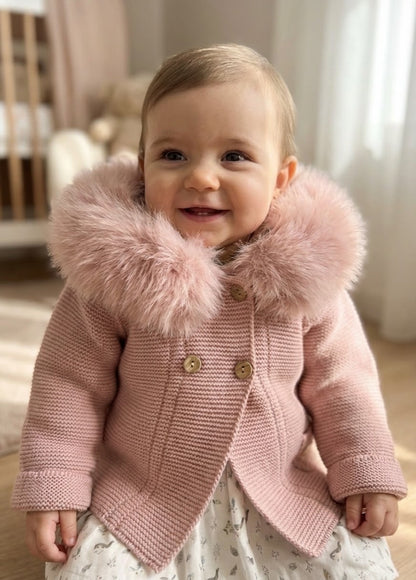 Chaqueta con pelo en capucha de punto, color rosa - Baby