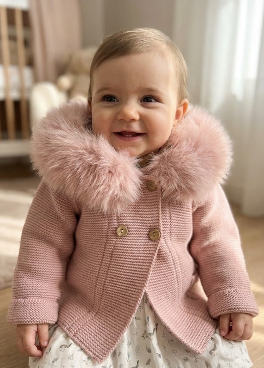 Chaqueta con pelo en capucha de punto, color rosa - Baby