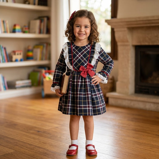 Vestido cuadros escocés azul marino de niña -Basmarti