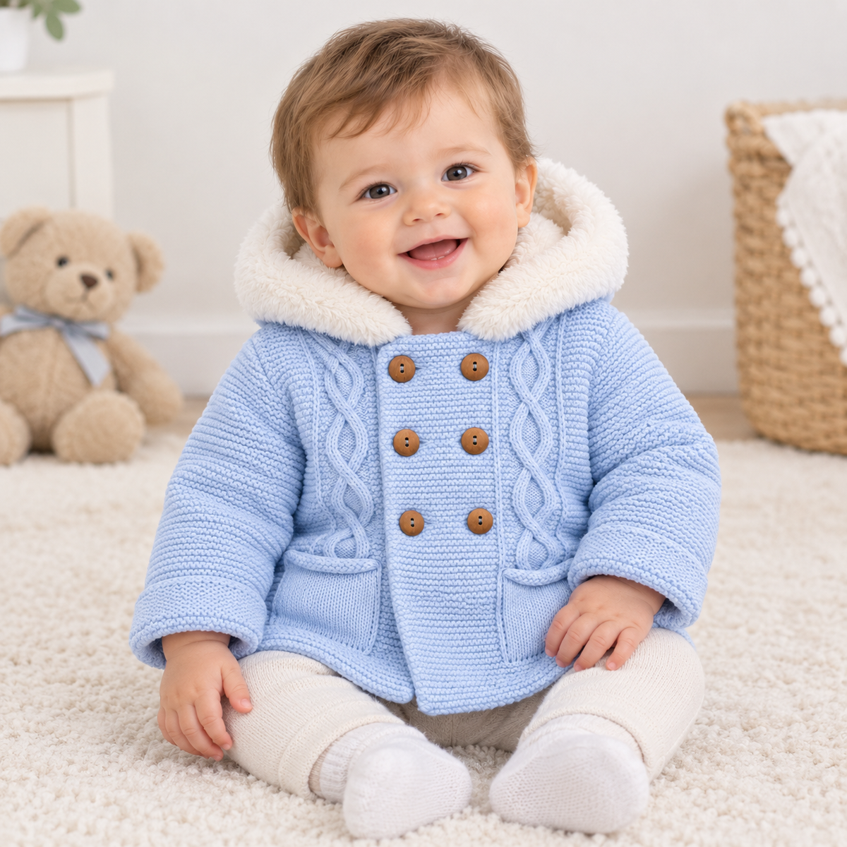 Abrigo de lana en azul con capucha con pelo - Baby