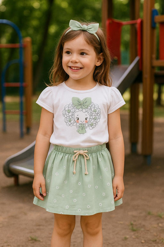 Conjunto de falda con  flores verdes, con vuelo y camiseta - Newness