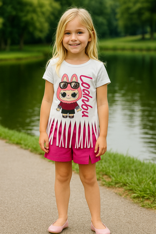 Conjunto niña con camisa con flecos y falda pantalón en fucsia - Pronta Moda