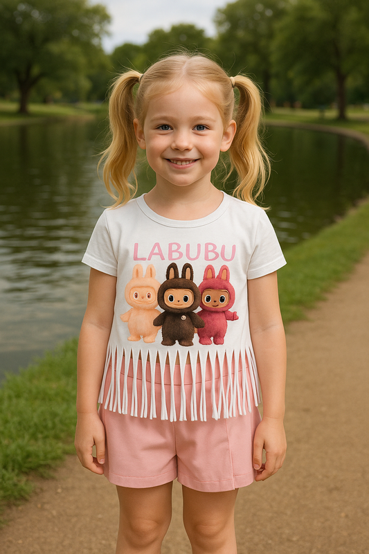 Conjunto niña con camisa con flecos y falda pantalón en rosa - Pronta Moda