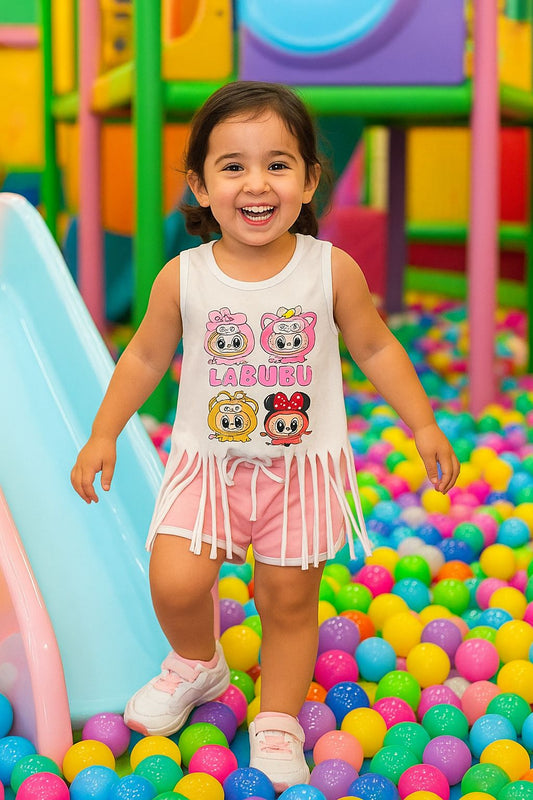 Conjunto niña con camisa con flecos y short en rosa - Pronta Moda