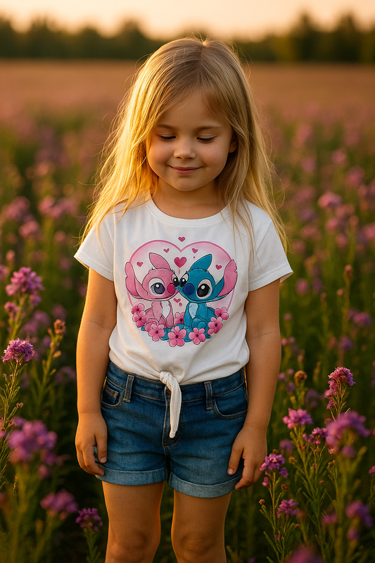 Camiseta de niña de Angel y Stitch anudada en la cintura - Pronta moda