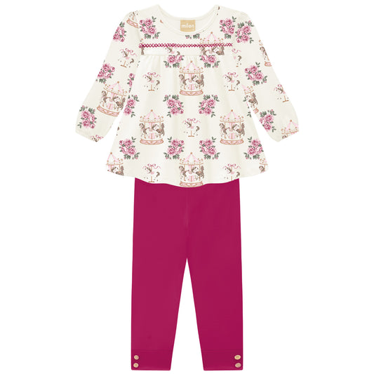 Blusón estampado y Leggins fucsia- Kyly invierno 2024 - Frontal - Moda Infantil Chicle