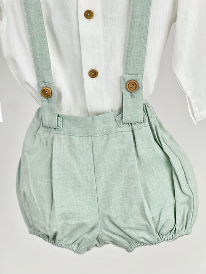 Camisa + Ranita de lino en verde agua - Coco Acqua - Detalle 1 - Moda Infantil Chicle