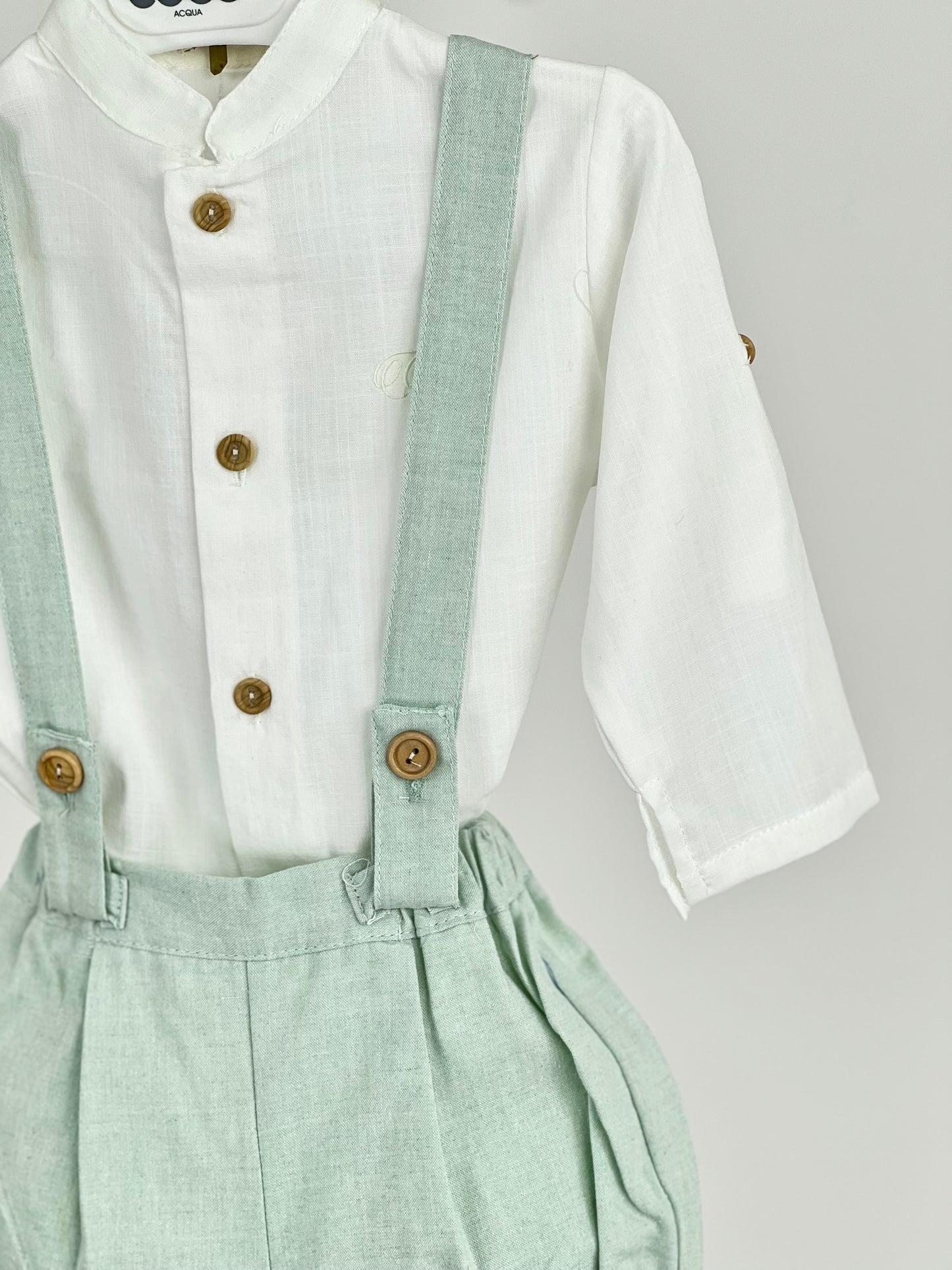 Camisa + Ranita de lino en verde agua - Coco Acqua - Detalle 2 - Moda Infantil Chicle