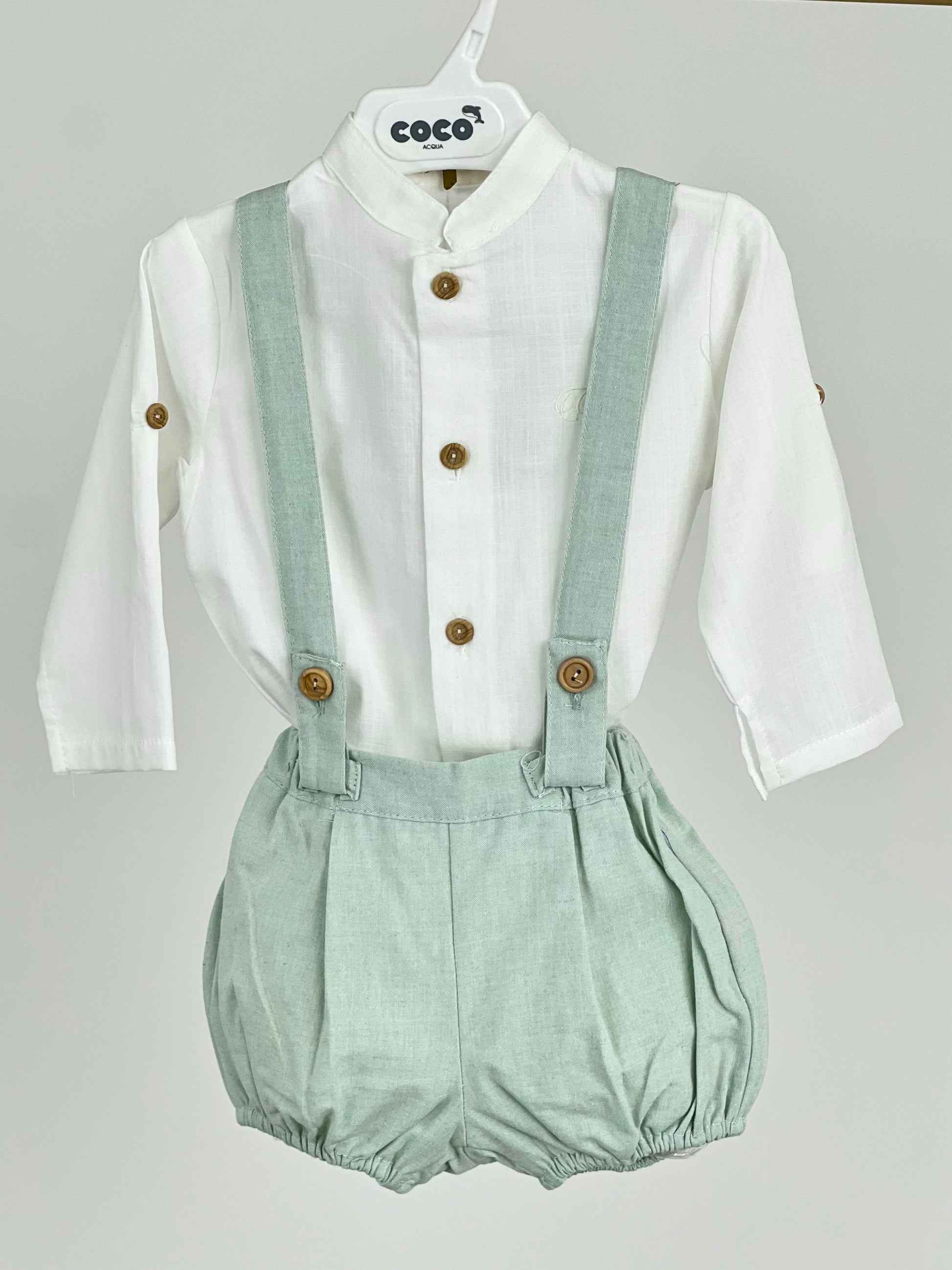 Camisa + Ranita de lino en verde agua - Coco Acqua - Frontal - Moda Infantil Chicle