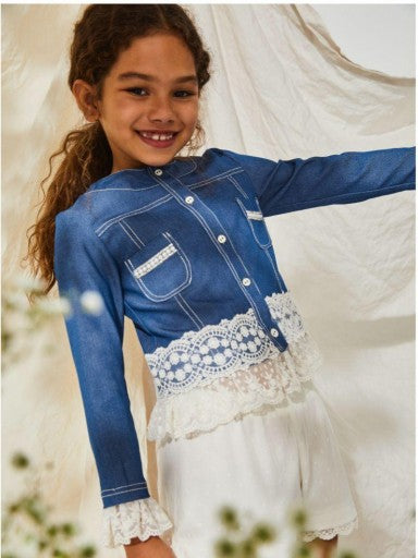 Cazadora denim color azul vaquero con puntillas - Nekenia - Detalle 6 - Moda Infantil Chicle