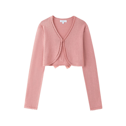 Chaqueta torera de niña en punto, de color rosa maquillaje de Newness - Frontal - Moda Infantil Chicle