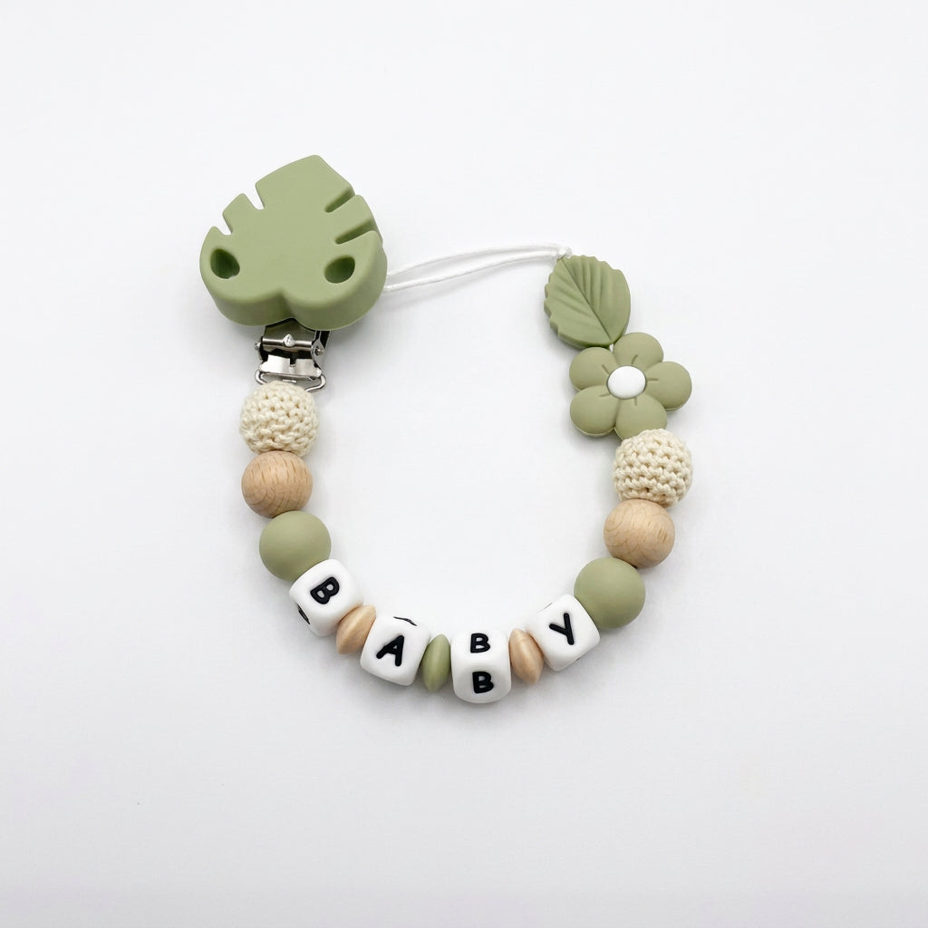 Clip para chupete personalizado hoja verde - Frontal - Moda Infantil Chicle