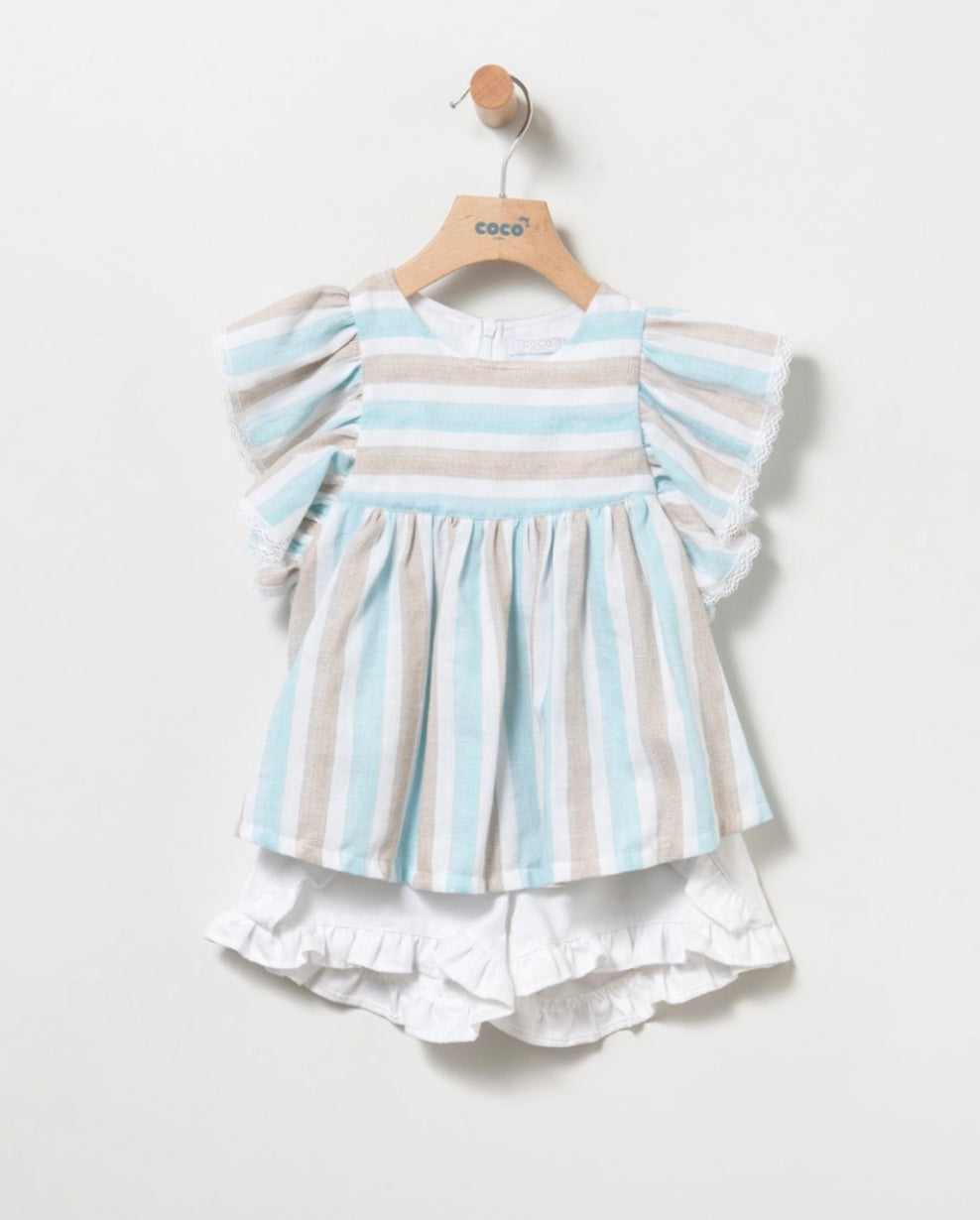 Conjunto de short y blusón en rayas niña en turquesa - Detalle 1 - Moda Infantil Chicle