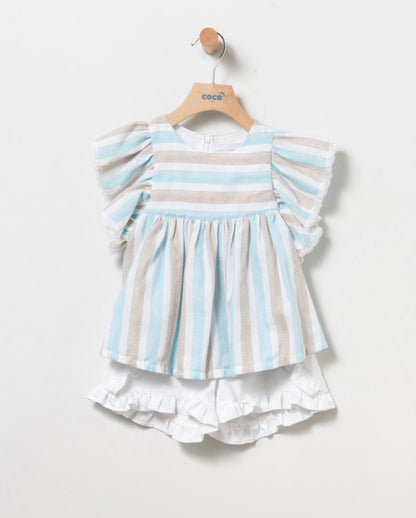 Conjunto de short y blusón en rayas niña en turquesa - Detalle 1 - Moda Infantil Chicle