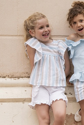 Conjunto de short y blusón en rayas niña en turquesa - Detalle 7 - Moda Infantil Chicle