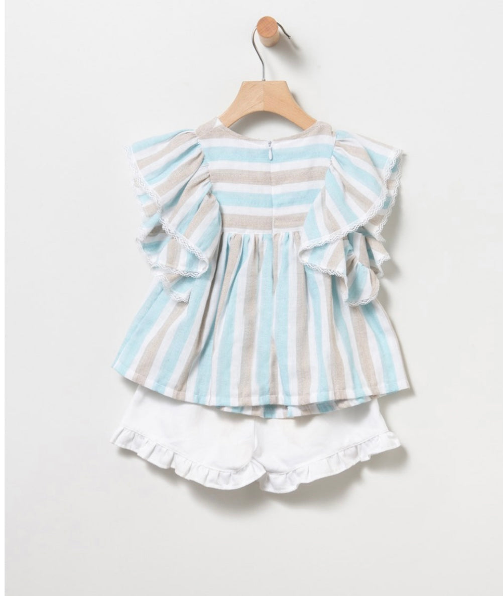 Conjunto de short y blusón en rayas niña en turquesa - Frontal - Moda Infantil Chicle