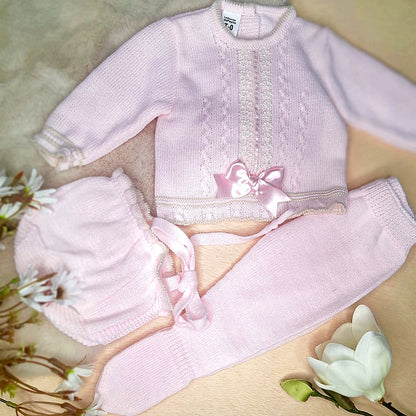Conjunto de tres piezas en rosa con lazo - Frontal - Moda Infantil Chicle
