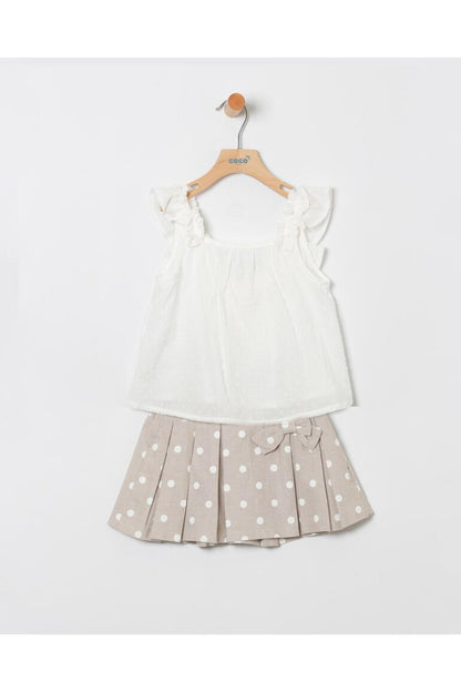 Conjunto ni�a blus�n plumeti  blanco y falda topos tostado - Coco Acqua 2025 - Detalle 1 - Moda Infantil Chicle