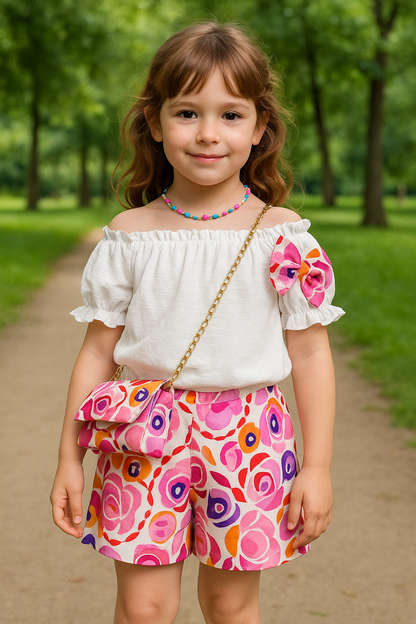 Conjunto ni�a blus�n, short y bolso - Pronta Moda - Frontal - Moda Infantil Chicle