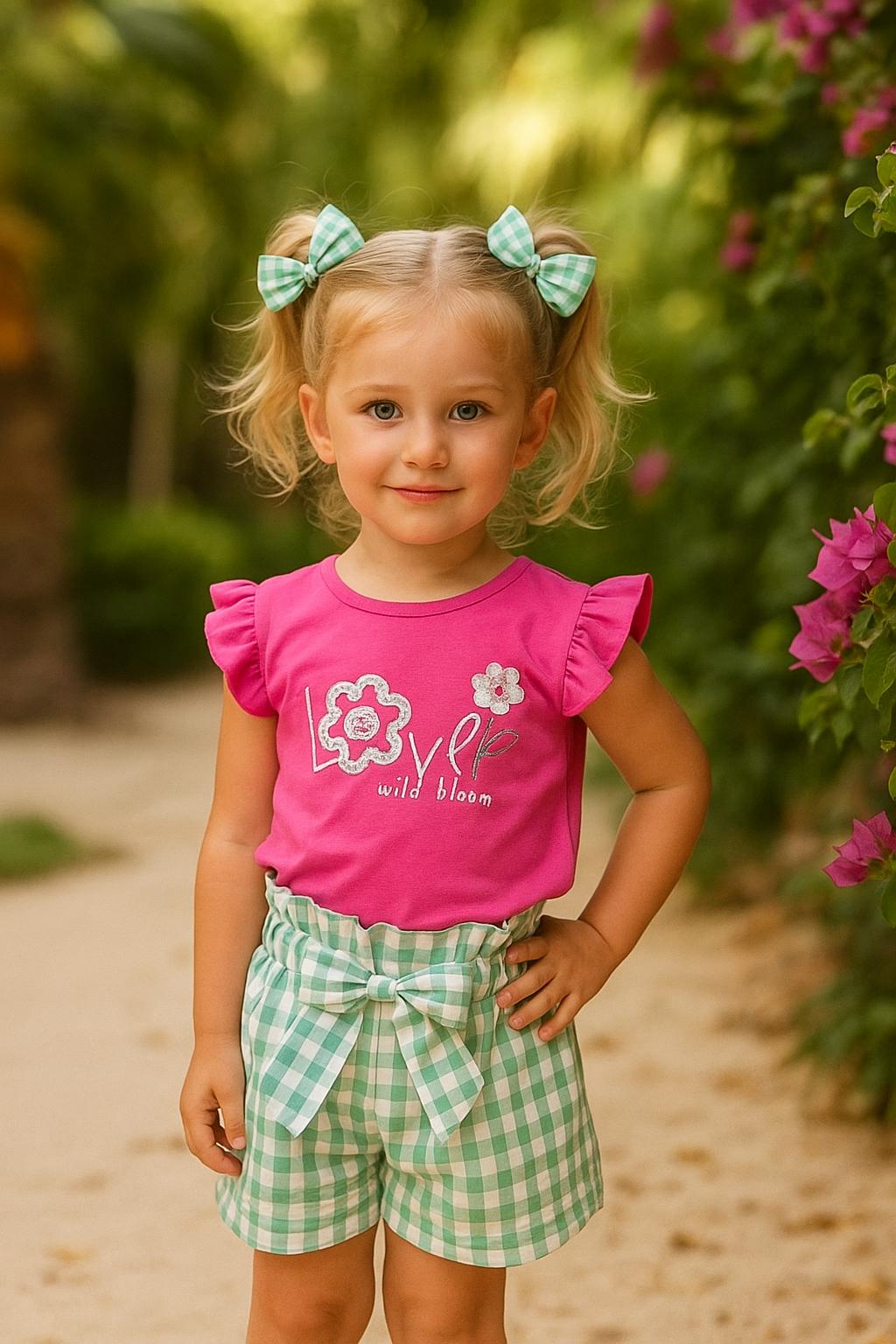 Conjunto ni�a en fucsia y short Vichy verde - Coco Acqua 2025 - Frontal - Moda Infantil Chicle