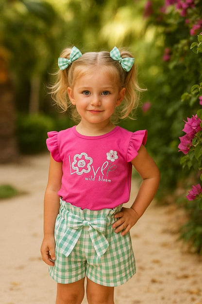 Conjunto ni�a en fucsia y short Vichy verde - Coco Acqua 2025 - Frontal - Moda Infantil Chicle