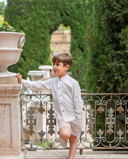 Conjunto ni�o, camisa y bermuda en color tostado - Coco Acqua colecci�n 2025 - Frontal - Moda Infantil Chicle
