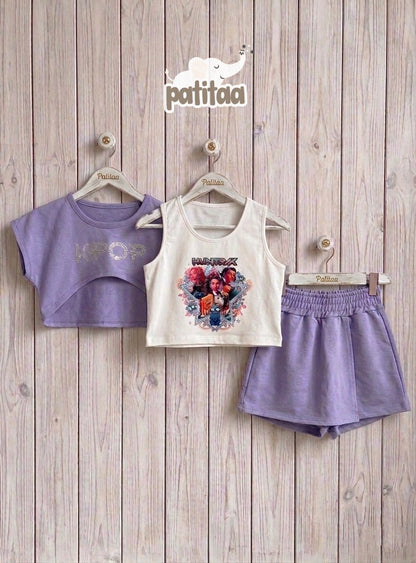 Conjunto tres piezas con falda pantal�n en morado - K- Pop - Detalle 2 - Moda Infantil Chicle