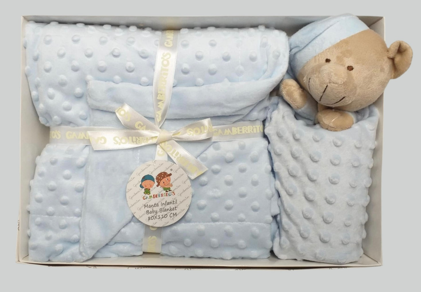 Set regalo en azul claro, manta y doudou de topos, Gamberritos - Detalle 4 - Moda Infantil Chicle
