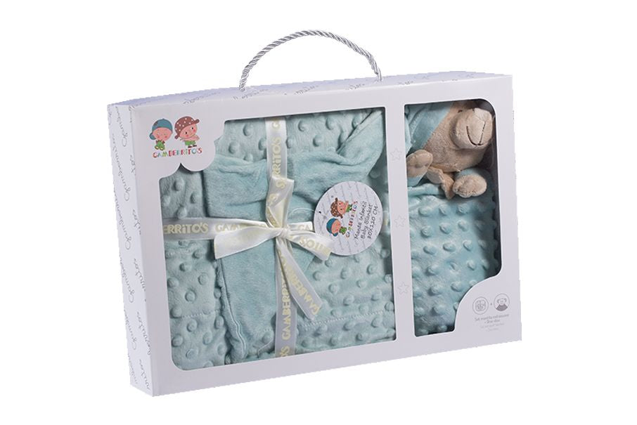 Set regalo en verde, manta y doudou de topos, Gamberritos - Frontal - Moda Infantil Chicle