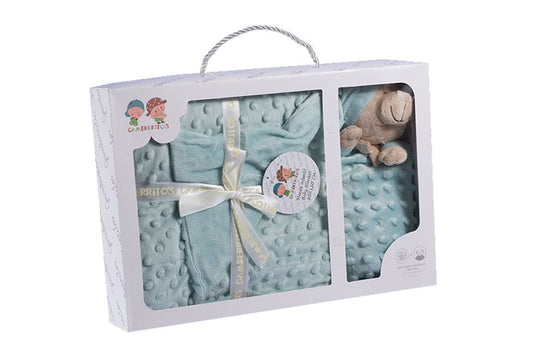 Set regalo en verde, manta y doudou de topos, Gamberritos - Frontal - Moda Infantil Chicle