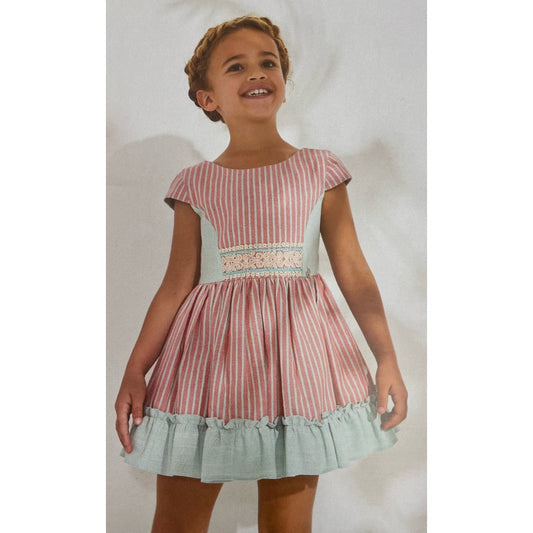 Vestido a rayas coral - Nekenia - Frontal - Moda Infantil Chicle