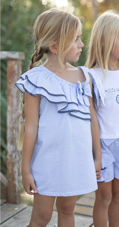 Vestido azul de rayas - Coco Acqua 2025 - Frontal - Moda Infantil Chicle