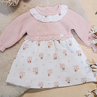 Vestido bebé de lana y tejido de búhos - Frontal - Moda Infantil Chicle