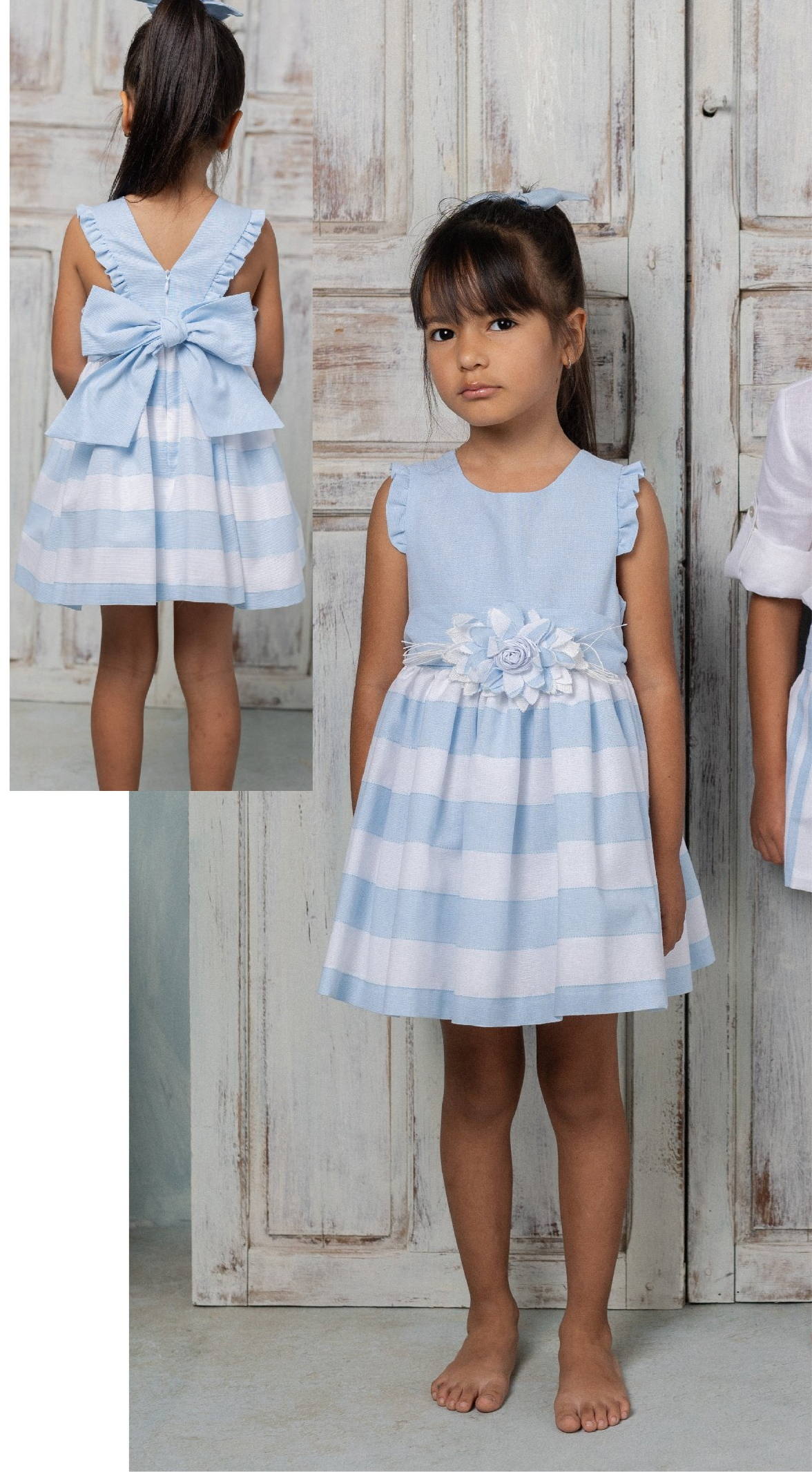 Vestido Ceremonia de ni�a en rayas azules - Basmarti 2025 - Frontal - Moda Infantil Chicle