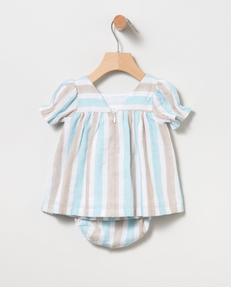 Vestido con braguita en turquesa de primavera 2024 de Coco Acqua - Detalle 1 - Moda Infantil Chicle