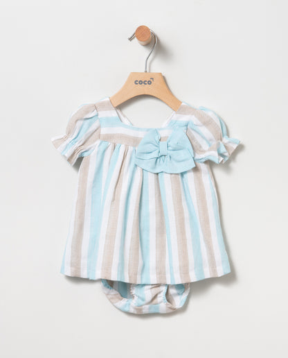 Vestido con braguita en turquesa de primavera 2024 de Coco Acqua - Frontal - Moda Infantil Chicle