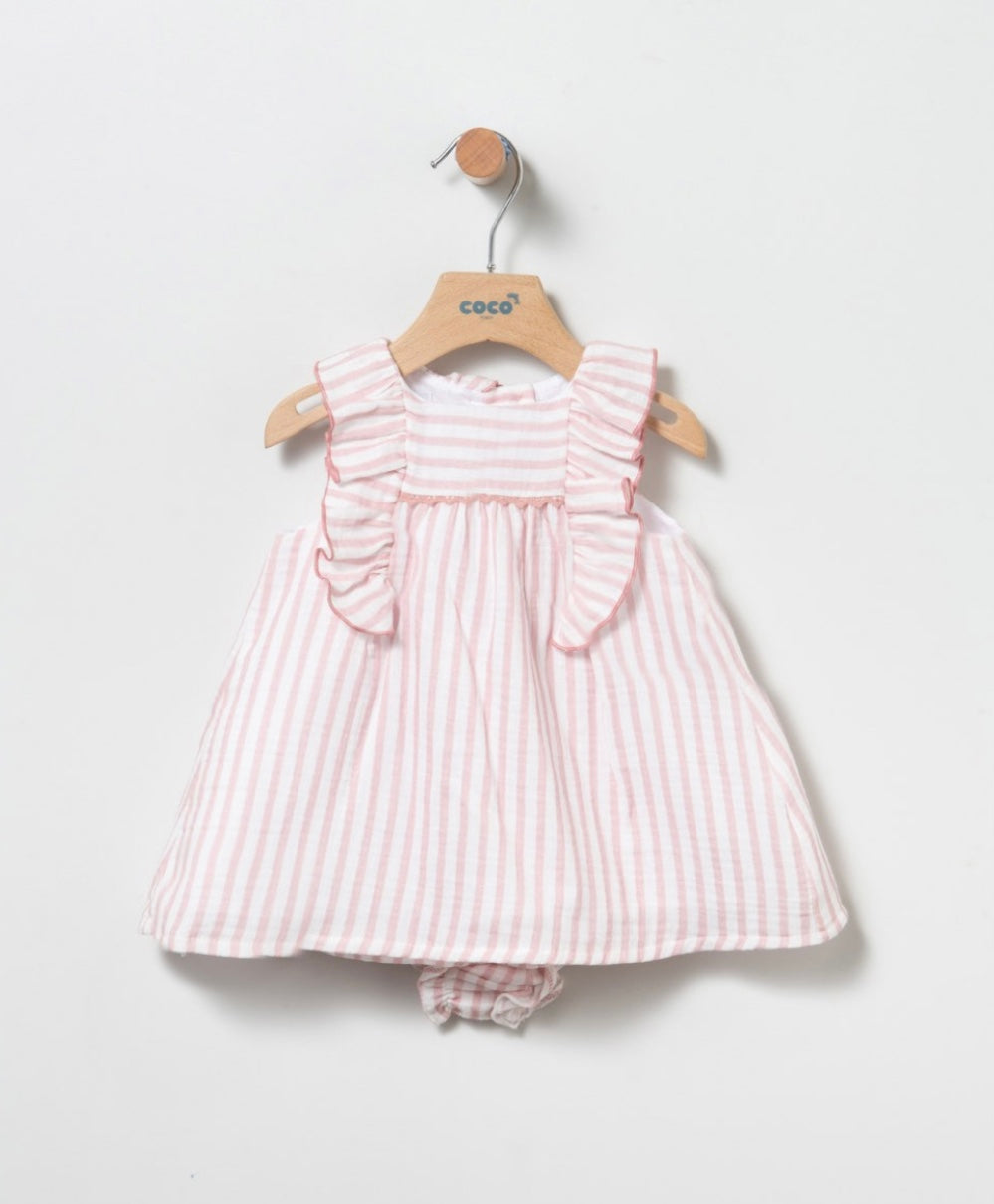 Vestido de bebé niña, en rayas, con braguita - Coco Acqua - Frontal - Moda Infantil Chicle