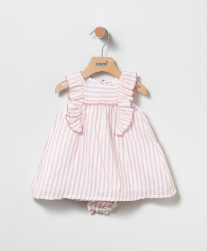 Vestido de bebé niña, en rayas, con braguita - Coco Acqua - Frontal - Moda Infantil Chicle