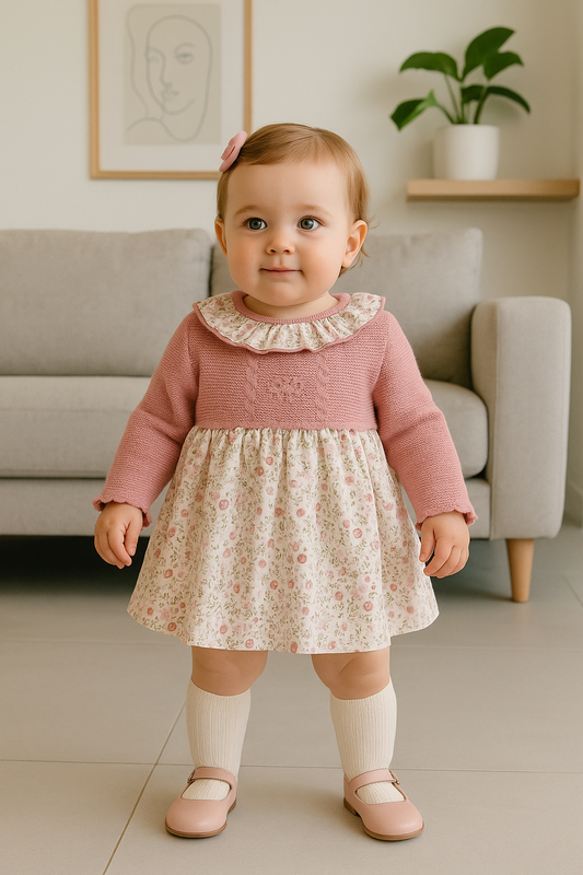 Vestido ni�a con cuerpo en lana en rosa palo - Frontal - Moda Infantil Chicle