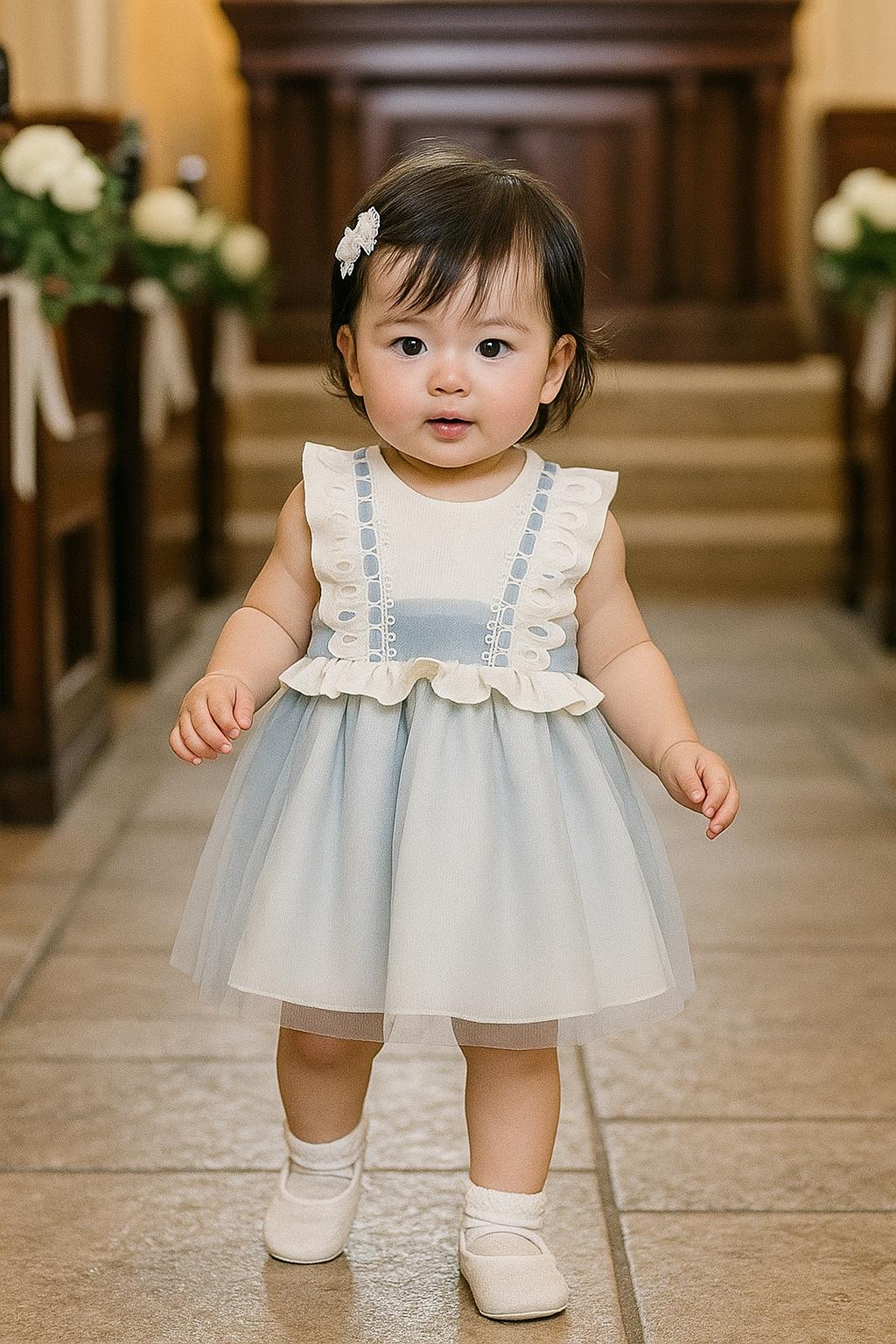 Vestido ni�a de lino en color beige y ocean - Basmarti verano 2024 - Frontal - Moda Infantil Chicle