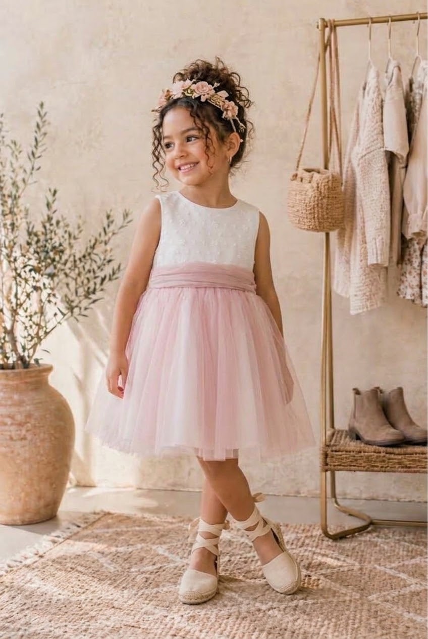Vestido ni�a rosa empolvado de Ceremonia ?? - Frontal - Moda Infantil Chicle