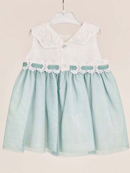 Vestido niña bebé en verde agua  - Basmarti 2025 - Detalle 1 - Moda Infantil Chicle