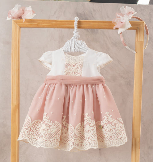 Vestido niña bebé rosa y beige - Basmarti verano 2024 - Frontal - Moda Infantil Chicle