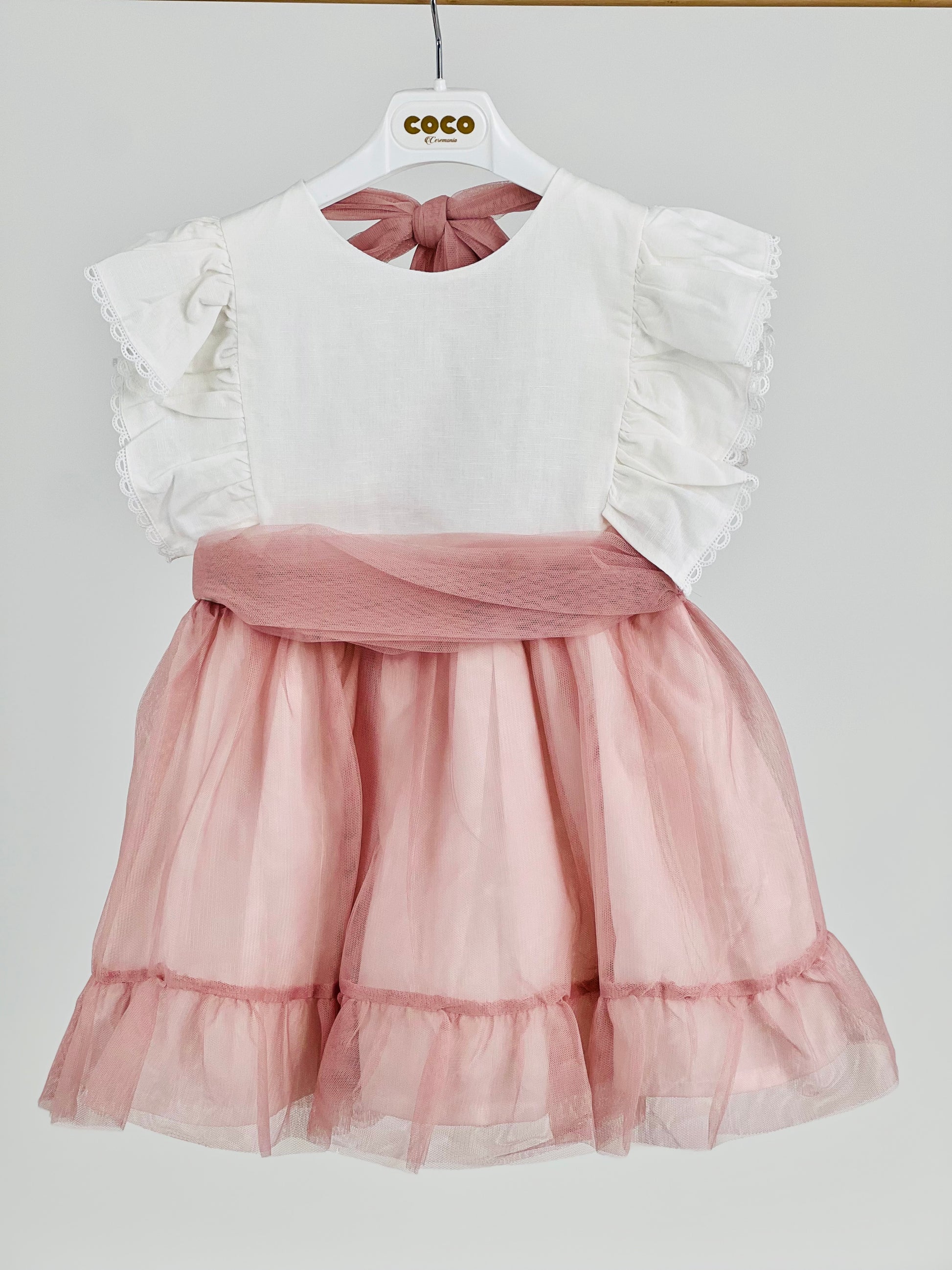 Vestido niña Ceremonia en tul rosa maquillaje  - de Coco Acqua 2025 - Frontal - Moda Infantil Chicle