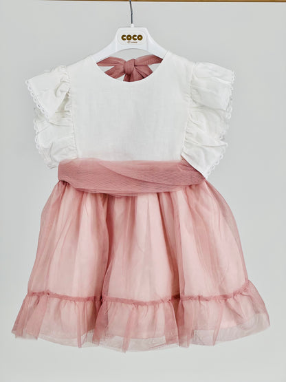 Vestido niña Ceremonia en tul rosa maquillaje  - de Coco Acqua 2025 - Frontal - Moda Infantil Chicle