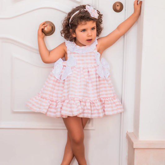 Vestido niña en rosa empolvado y blanco - Babiné verano 2023 - Frontal - Moda Infantil Chicle