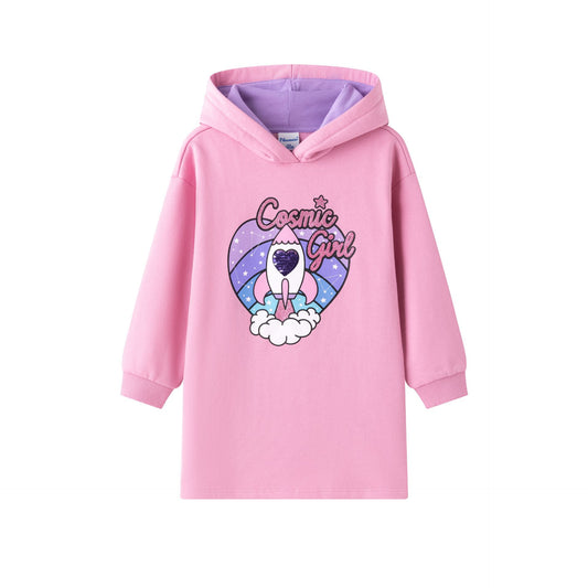 Vestido rosa con cohete - Newness invierno 2024 - Frontal - Moda Infantil Chicle