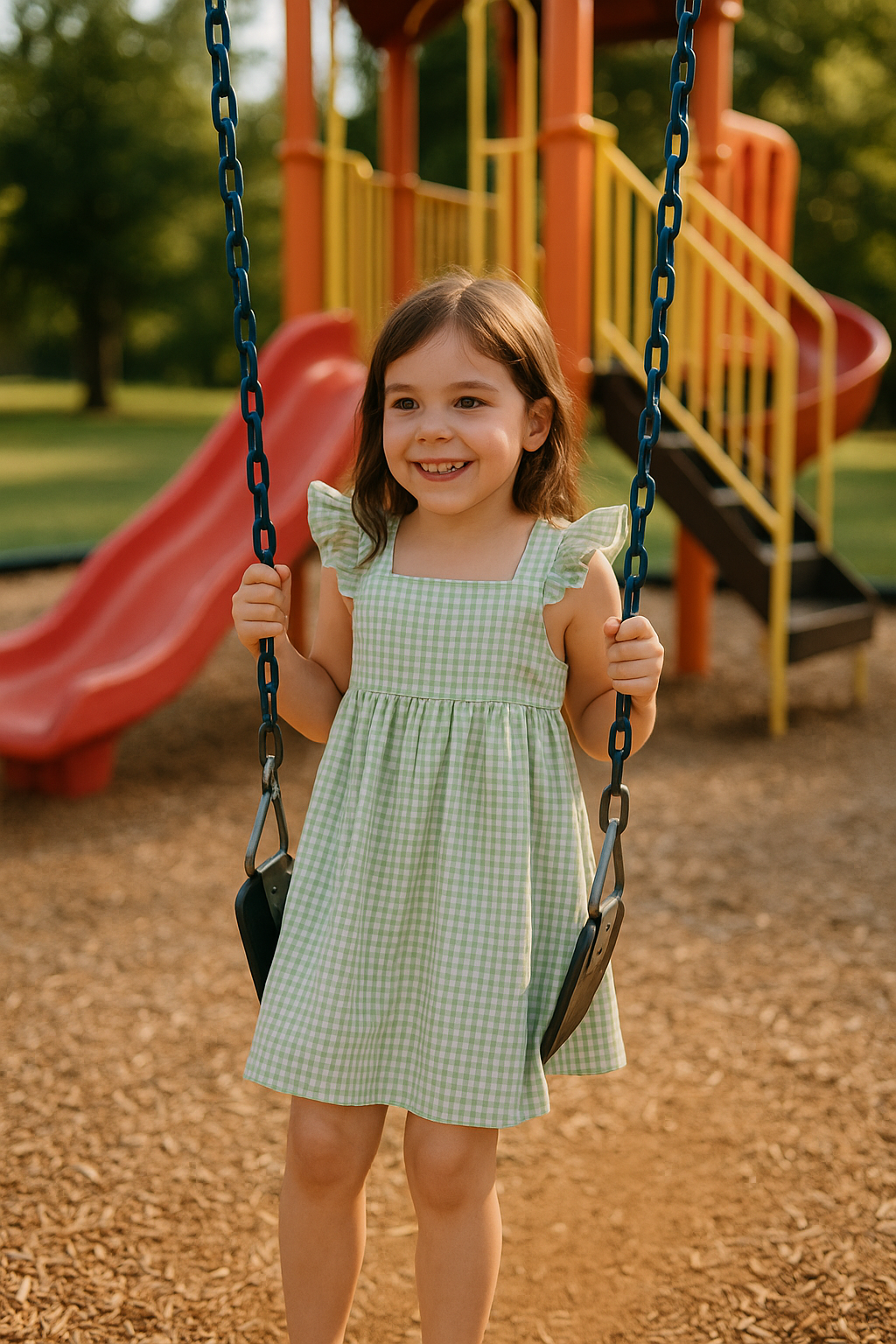 Vestido vichy en verde - Newness 2025 - Frontal - Moda Infantil Chicle